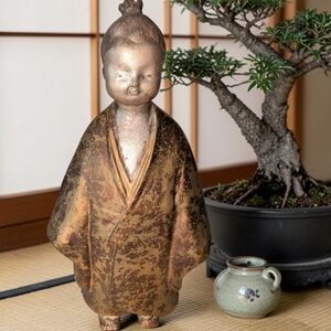 Okimono Figurine Selflessness Child Gilded Cast Iron 10" Vtg